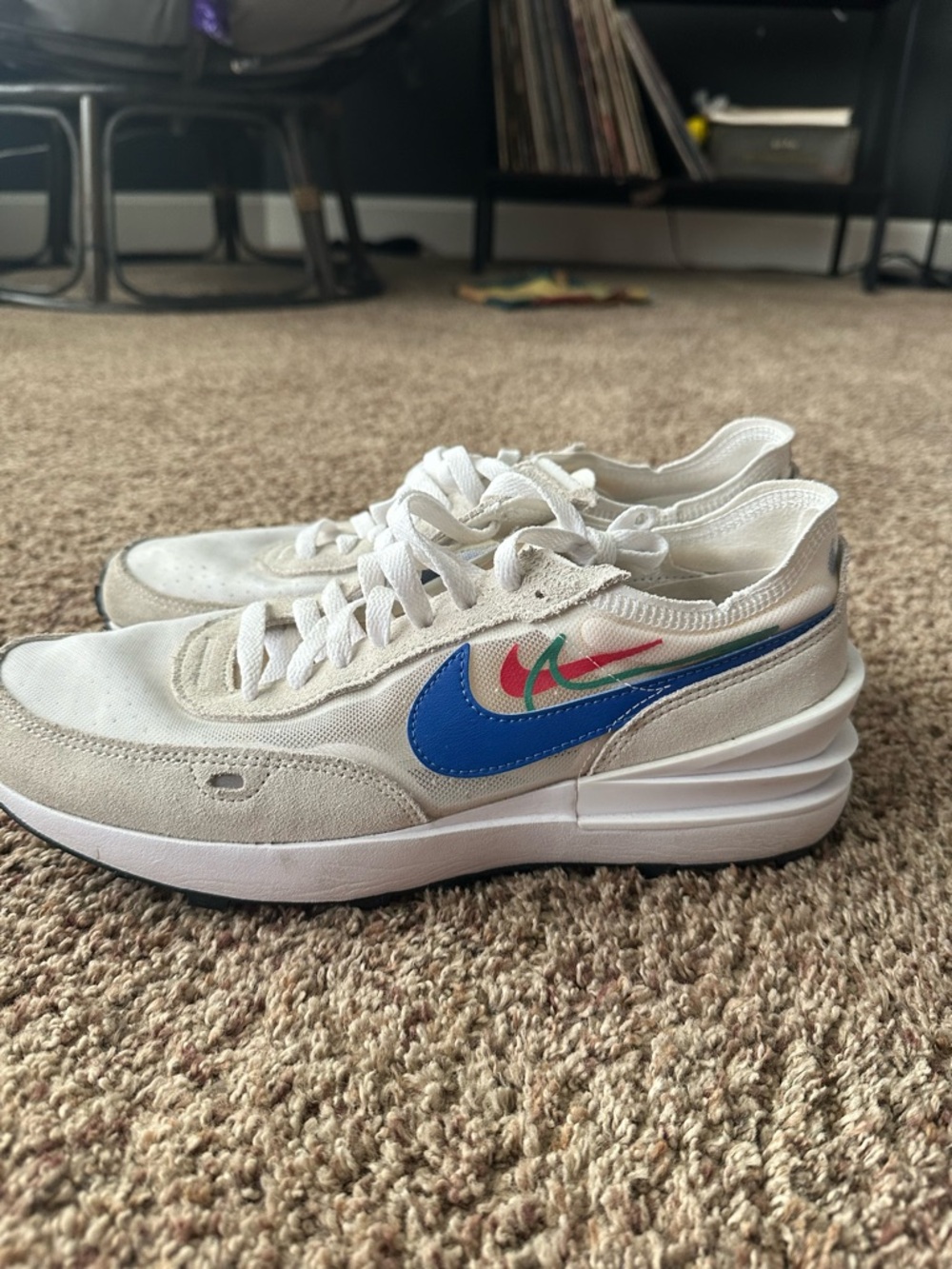 Nike White Sneakers with Blue and Red Accent Swooshes